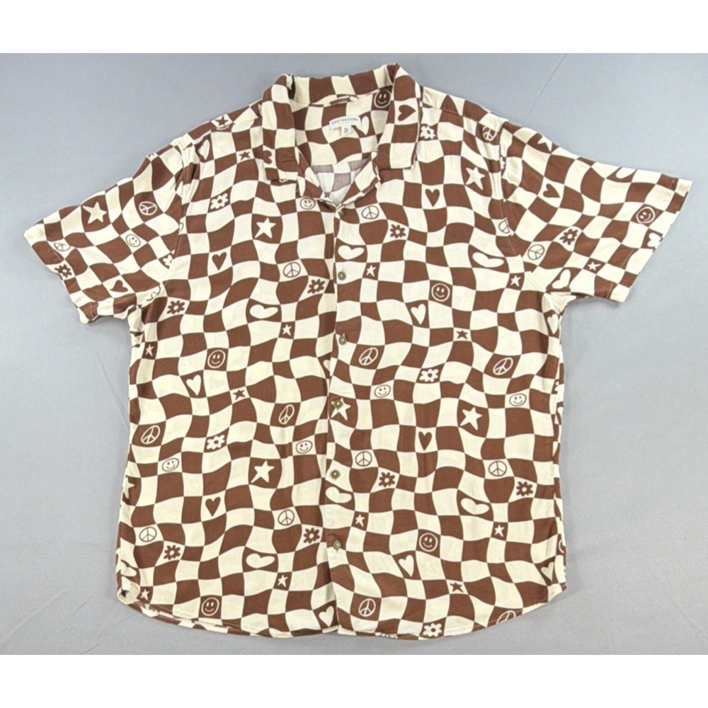 Earthbound Shirt Mens XL Brown Checkerboard Y2K Smiley Peace Retro Button Up 70s